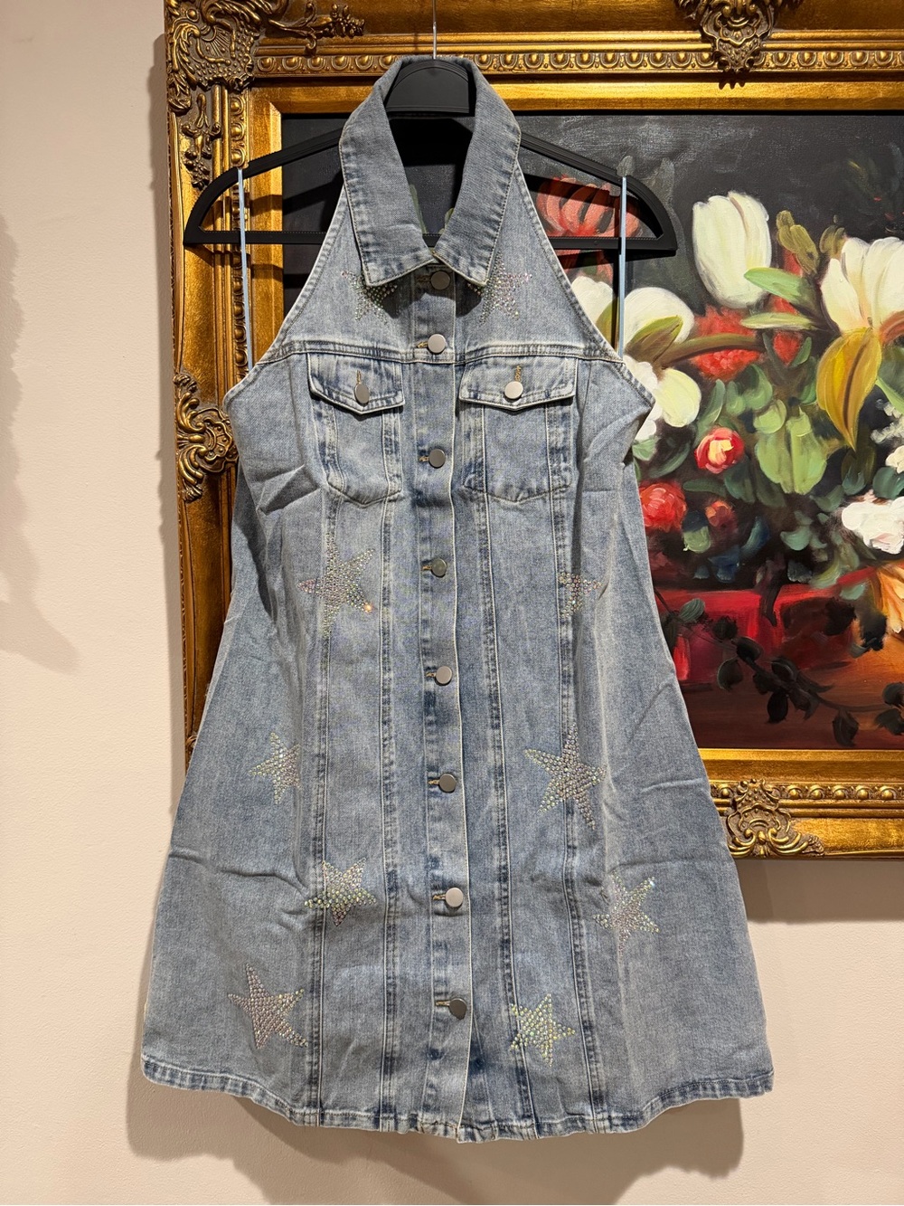 Denim Halter Midi Dress with Star Studs - Light Blue